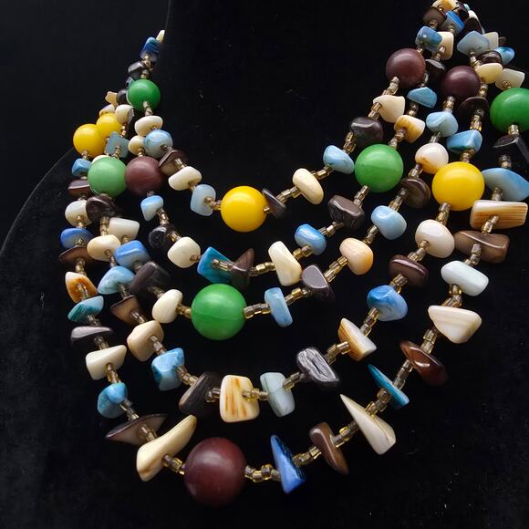 Vintage Colorful Japan Beaded Layered Necklace Multi Strand Shell Glass Plastic - Picture 2 of 9
